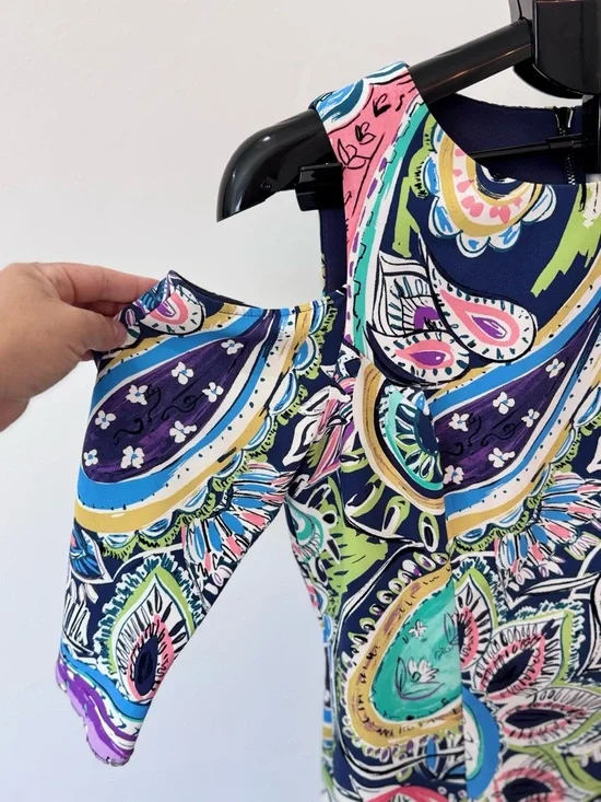 Nicole Miller Cold Shoulder Paisley Bell Sleeve Dress Boho Full Back Zip, Sz 8 - Picture 2 of 9